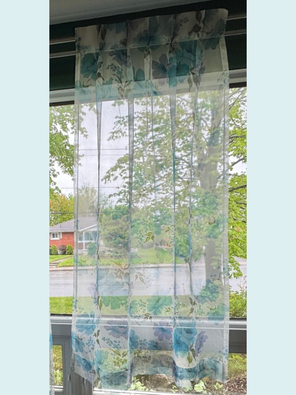 Vintage 1960s pleated curtain, blue and purple floral, short narrow panel
